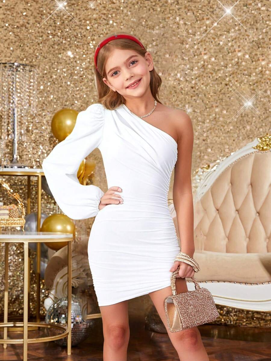 Tween flickor vit asymmetrisk hals Ruched Bodycon puffärm Elegant partycocktail miniklänning, lämplig för bröllop och evenemang - Vitt - Visa 1