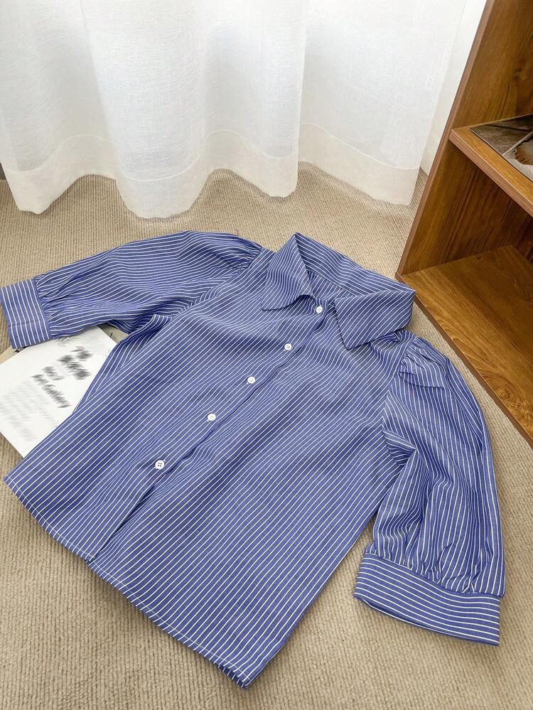 Women's Turndown Collar Striped Half Sleeve Lantern Sleeve Loose Blouse, Spring/Summer/Autumn