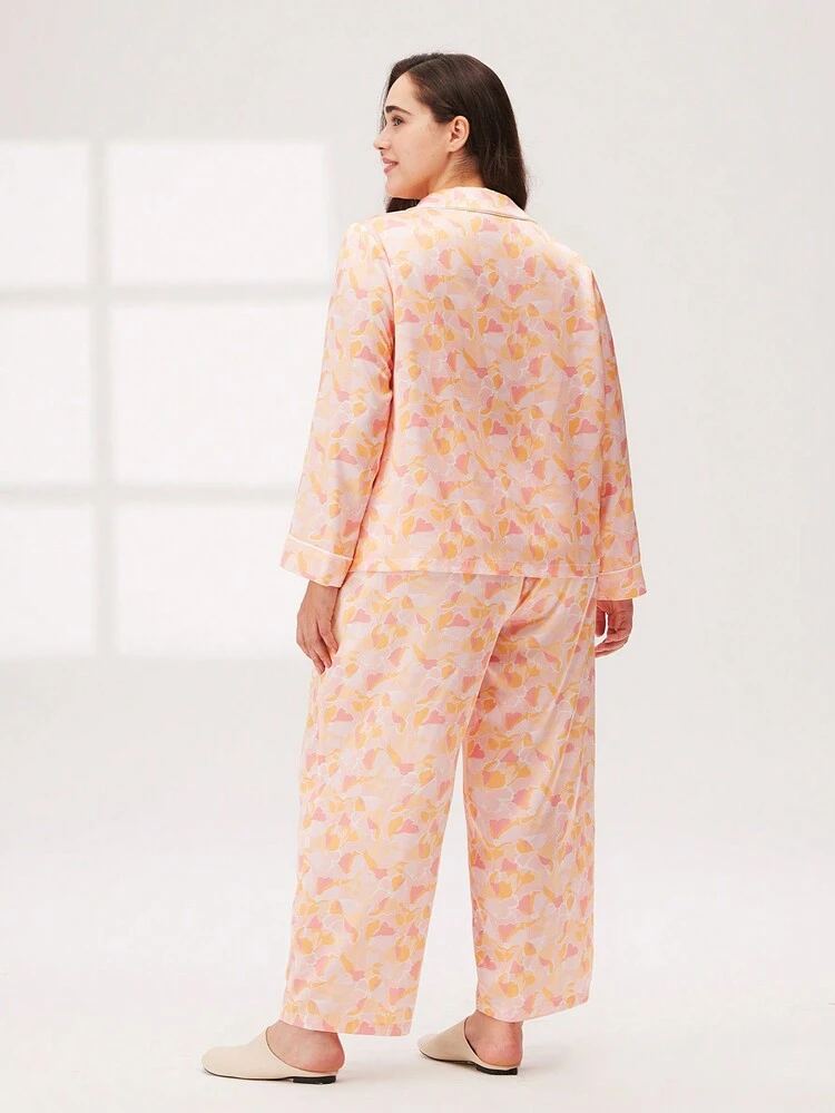 Conjunto de Pijama Loungewear com Top e Calça Estampada com Flores em Cetim Acetinado para Outono e Inverno, Calça com Bolsos, Conjunto de Lingerie de Pijama para Mulheres no Outono