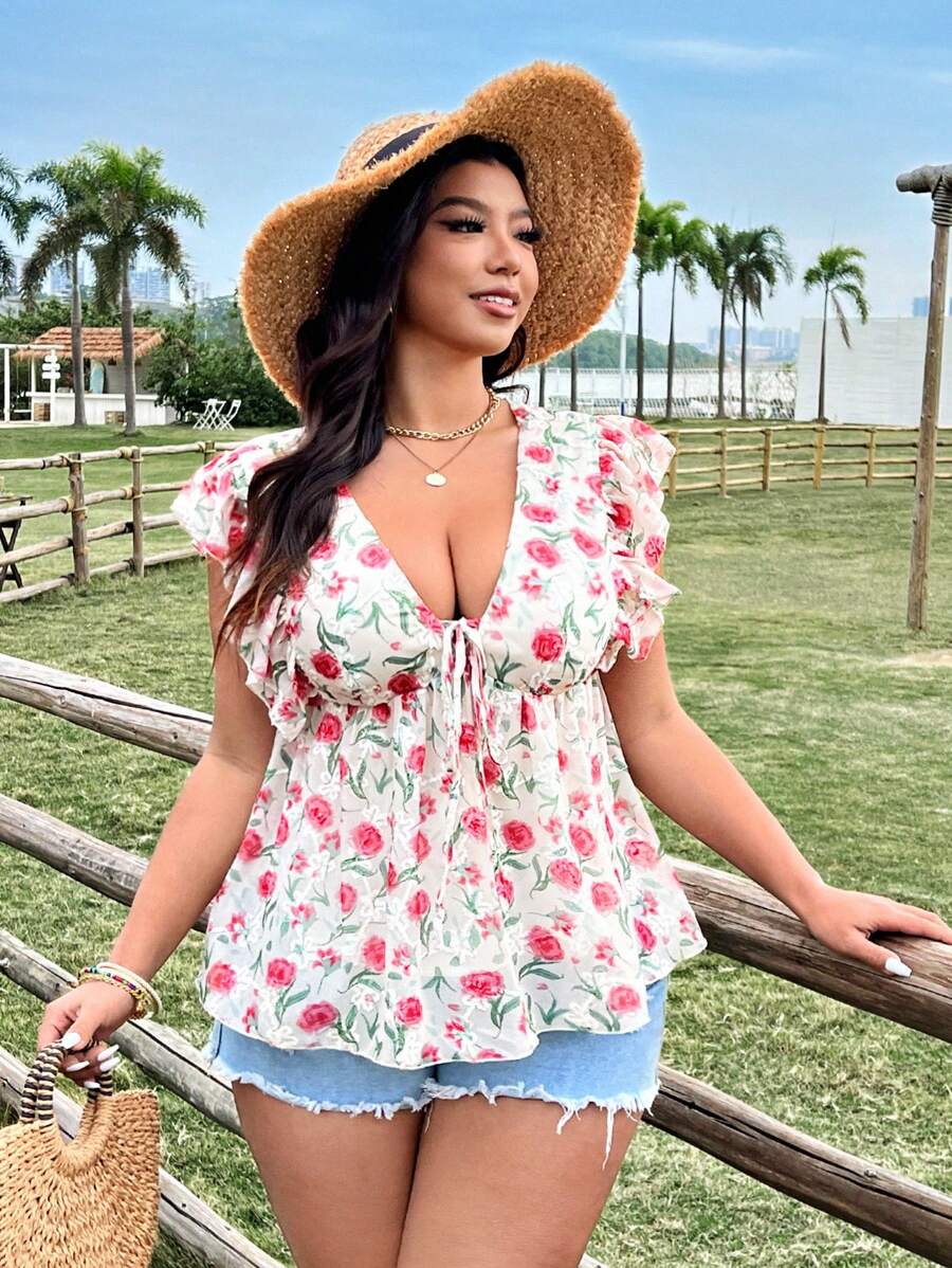 Flirla Plus Size Women Boho Jacquard V-Neck Flared Hem Blouse, For Summer - Multicolor - View 1