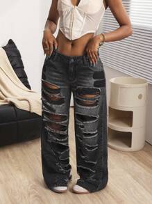 SHEIN ICON 女式前扣口袋做旧简约休闲牛仔裤 - 黑色 - 查看 7