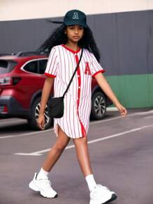 女童休闲基本款美式街头球队红色撞色短袖宽松纽扣式弧形下摆字母条纹连衣裙 - 彩色 - 查看 3