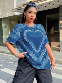 SHEIN EZwear 大码女式休闲圆领落肩短袖扎染心形图案 T 恤夏季 - 藍白色 - 查看 5