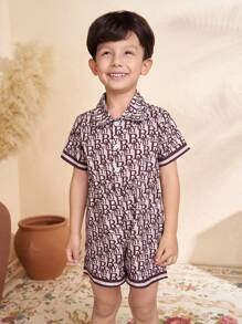 SHEIN Young Boy All-Over Print Half-Button Jumpsuit