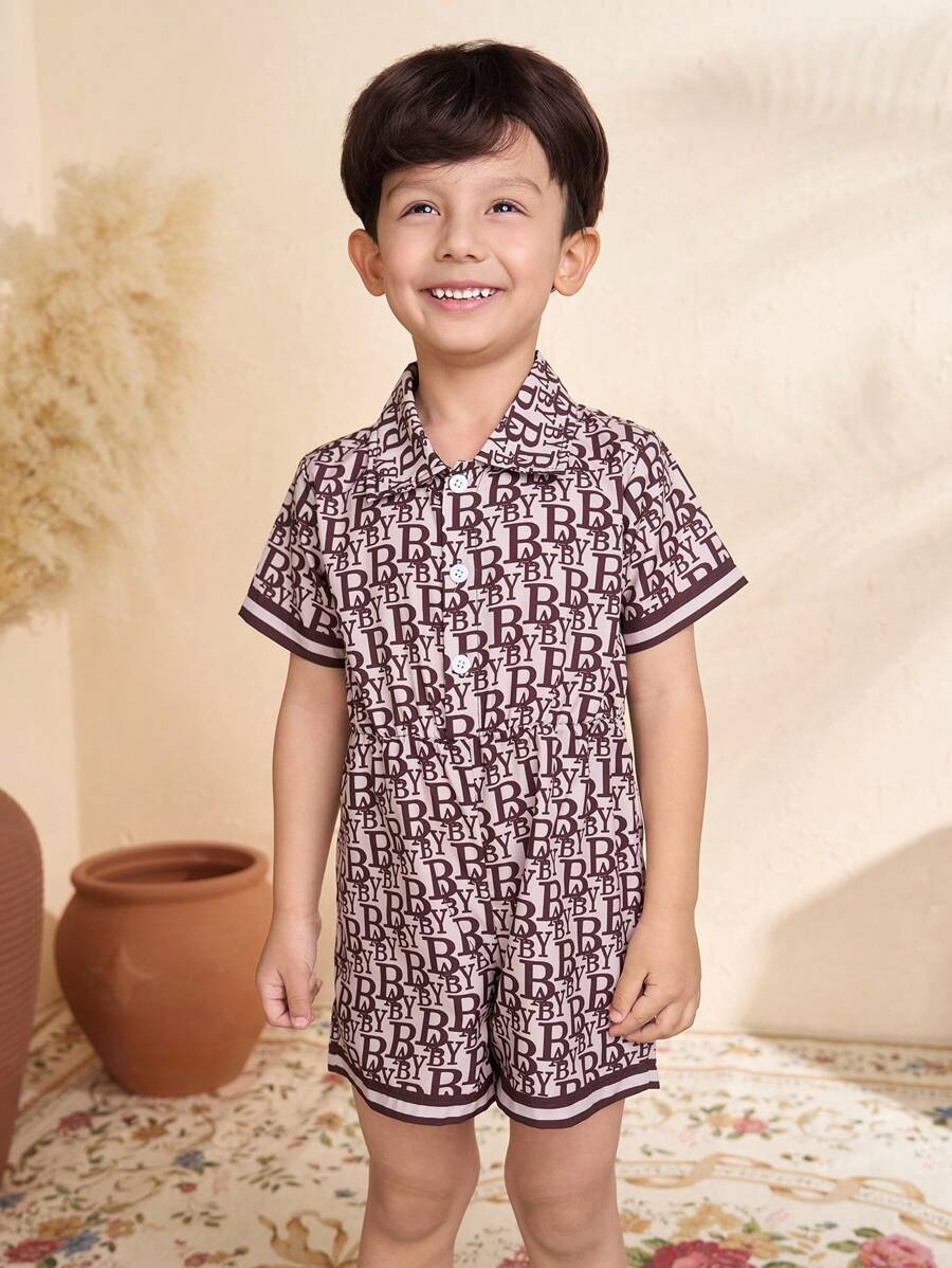SHEIN Young Boy All-Over Print Half-Button Jumpsuit