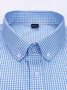 Manfinity Mode 男士前扣长袖格子简约休闲衬衫，日常穿着 - 藍色 - 查看 4