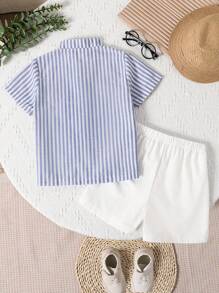 SHEIN Genkimix Kids 2 件套休闲简约条纹领短袖衬衫和短裤，适合日常穿着、度假、校园等、夏季度假、度假、旅行、放松、日光浴 - 彩色 - 查看 2