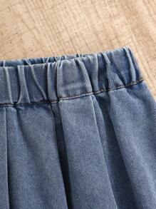 SHEIN Tween Girl Light Wash Casual Elegant Short Sleeve Denim Blouse With Sleeve Splicing Design & Pink Velvet Bow Decor, And Elastic Waist Pleated Long Denim Skirt Outfit, Simple Fashion Versatile Design For Daily Wear - Light Wash - View 8