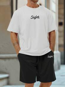 Manfinity Homme Plus Size Men's Eye Slogan Print Short Sleeve T-Shirt & Shorts Set - Black and White - View 6