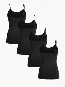 SHEIN Essnce 4pcs Plus Size Women's Solid Color Casual Versatile Camisole Tops - Black - View 2