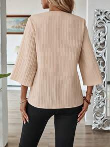 EMERY ROSE Women V-Neck Contrast Splicing Minimalist Casual Top, Daily Wear - Khaki - View 2