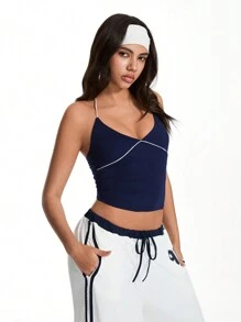 TRNVIE Contrast Trim Halter Casual Tank Top, Minimalist & Fashionable For Daily Casual Wear - Navy Blue - View 4