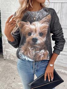 EMERY ROSE Women's Casual Cute Dog Applique Pullover Fall Sweatshirt - Brown - View 4