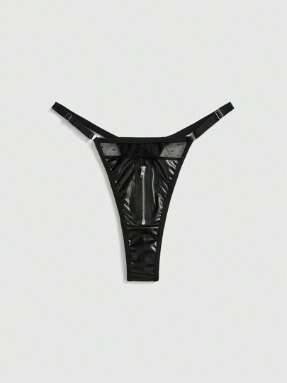 Grunge Punk Dark Punk Faux Zipper Mesh PU G-String, Rave