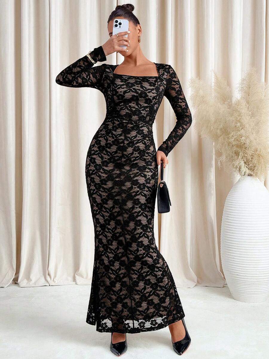 SHEIN Clasi Đầm ren thanh lịch tay dài ôm eo viền đuôi cá cho nữ Đầm đen Đầm đen cho nữ Đầm cho nữ Đầm thanh lịch gợi cảm cho nữ - màu đen - Xem 1