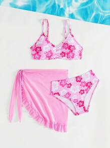 SHEIN Conjunto de traje de baño de camiseta y Bottom minimalista y casual para uso diario, para niñas preadolescentes - Rosa - Ver 3