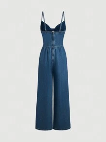 SHEIN MOD Combinaison en jean vintage avec laçage et effet ajouré pour femmes - Bleu azur - Voir 2