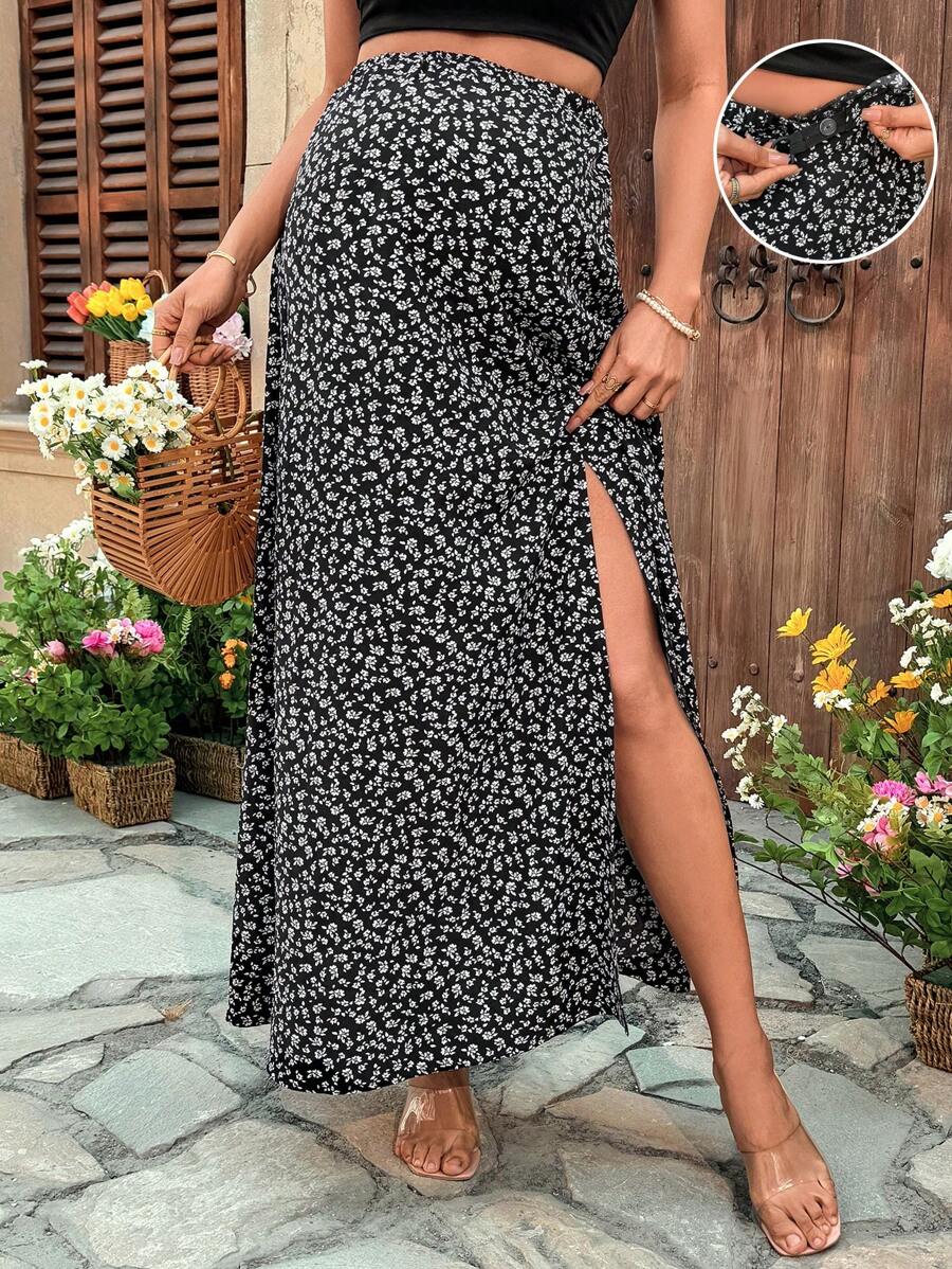 Lyckli Maternity Ditsy Floral Slit Summer Skirt With Adjustable Waistband For Women Summer - Black - View 1