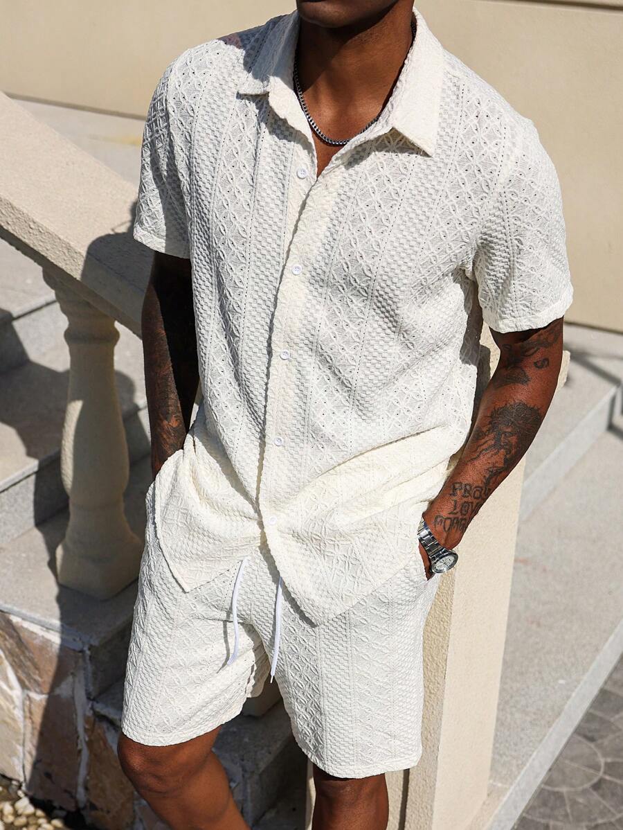 Manfinity Homme Conjunto de top casual de manga corta con botones y shorts de unicolor para hombre