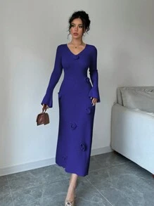 Elenzga 女士 V 领长袖优雅 3D 花朵毛衣连衣裙 - 寶藍色 - 查看 6