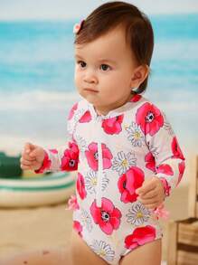 Baby Girl Floral Print Keyhole Long Sleeve Rash Guard One-Piece Swimsuit With Headband - Multicolor - View 5