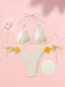 SHEIN Swim 女士白色纹理高弹力提花贝壳装饰性感吊带比基尼套装，适合游泳、海滩、温泉度假村、夏季度假 - 白色 - 查看 5