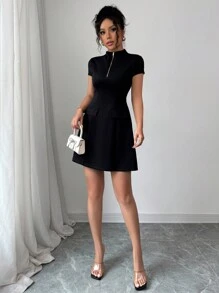 Elenzga Vintage Style Cocktail Mini Dress, Puff Sleeve Waist Gathered Design, Slim Fit, Gold Zipper Detail Faux Pockets, Unique Princess Dress - Black - View 5