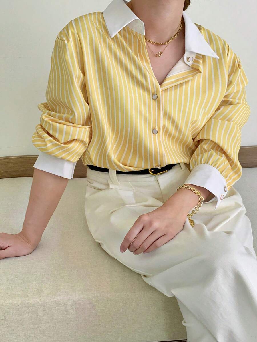 INAWLY 大码女式单排扣条纹长袖休闲宽松衬衫，秋季 - 黃色 - 查看 1