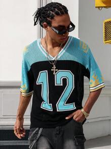 Manfinity EMRG Men's Numeric Pattern V-Neck Short Sleeve Knit Top - Multicolor - View 6