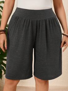 EMERY ROSE 2 Pcs Plus Size Women's Black And Grey Knee Length Shorts Set, Short Outfits For Women,Loose  Bermuda Shorts,Summer Casual Everyday Wear,Spring/Vacation - Multicolor - View 6