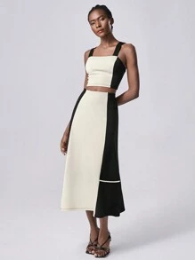 Chiquease Women Large Color Block Patchwork Tank Top And Mini Skirt 2 Pieces Sets, Spring/Summer - Black - View 3