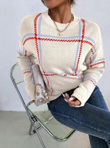 SHEIN LUNE Casual Drop Shoulder Contrast Color Plaid Sweater, Autumn/Winter