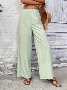 SHEIN LUNE Women's Solid Color Pleated Wide Leg Loose Casual Pants Fall Cloth For Women - Mint Blue - View 3