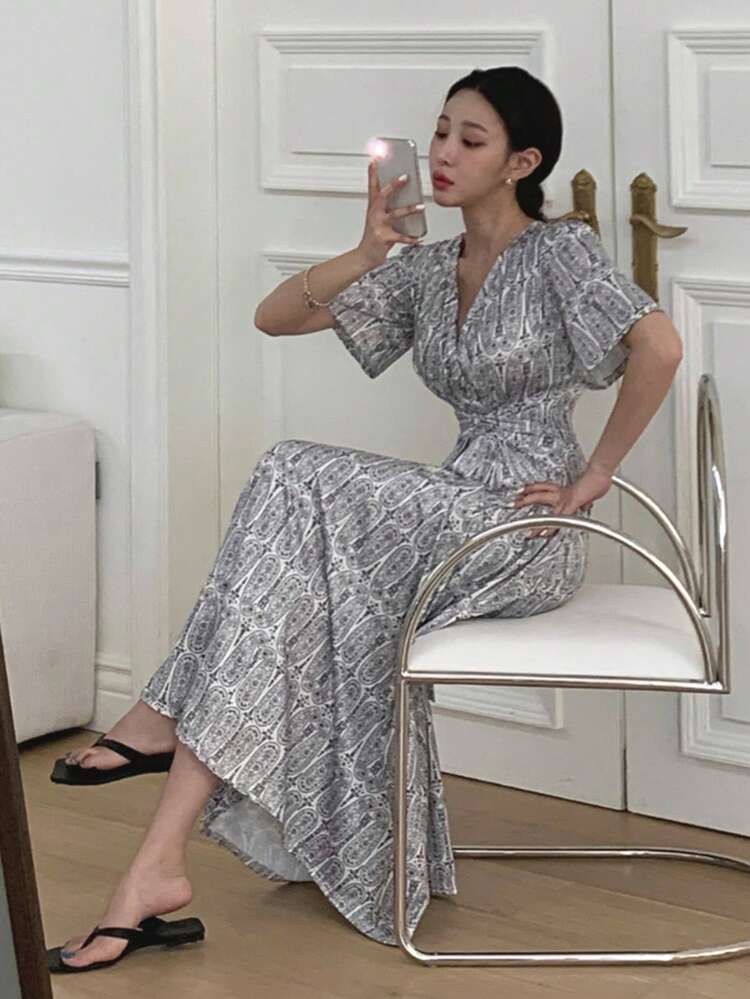 Women Floral Print V-Neck Short Sleeve Dress, Holidaya Flower Vacation Beach Style, Spring/Summer Milkmaid Dress Sundress Luxury Prom Dress Sequin Sparkly Dress
