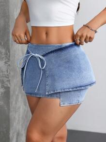 SHEIN EZwear Women Casual Denim A-Line Skirt, Simple Fashion Daily Wear - Blue - View 4