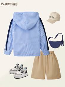 SHEIN Casuvi Kids 2pcs Boys Casual School Blue & White Striped Hoodie Shirt Matching Khaki Shorts Set, Suitable For Spring/Summer School, Playtime And Daily Wear - Multicolor - View 4