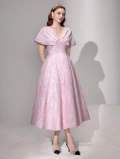 Poshira 女士 V 领短袖花卉印花优雅舞会礼服、婚礼宾客礼服、水钻装饰音乐节春夏、派对礼服、舞会礼服