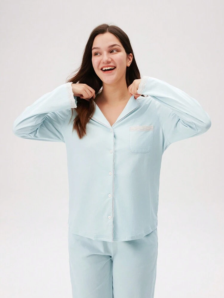 Conjunto de pijama de pantalón y top abotonado con ribete de contraste, 100% algodón puro y suave, con bolsillos, para mujer. Ropa de lencería y pijamas de algodón para primavera y verano