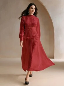 Anewsta Robe longue à taille haute unique avec insert de taille et manches bouffantes en tissu scintillant - Rouge foncé - Voir 7