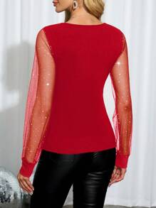 SHEIN Clasi Women's Mesh Patchwork Rhinestone Sparkly T-Shirt, Casual Vacation - Red - View 2