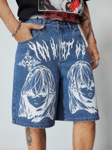 ROMWE MEN Anime 男式休闲牛仔短裤，带图形人物印花口袋 - 藍色 - 查看 3