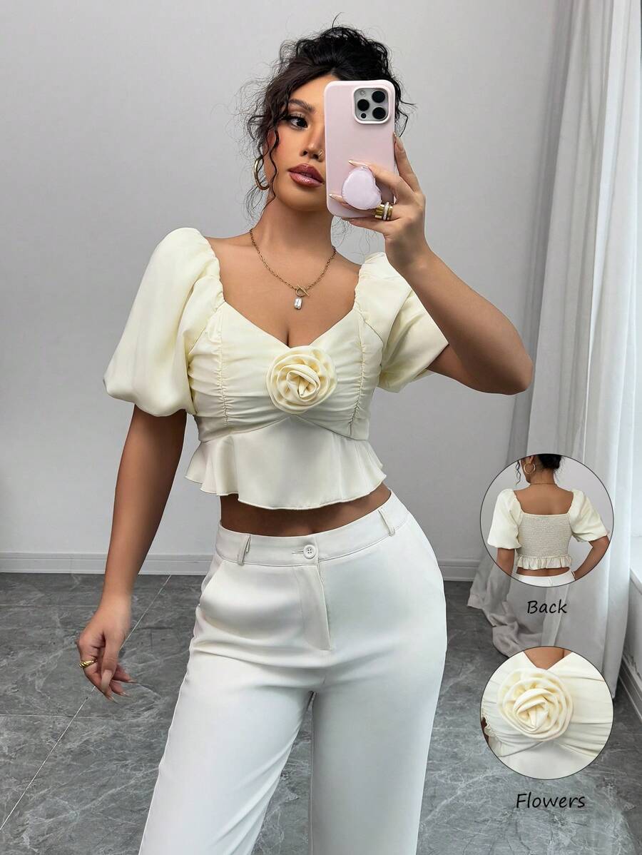 Elenzga Women's Elegant Fashion Date/Holiday Gentle Fairy-Like Ruffle Hem, Floral Decor, Solid Satin Blouse Valentine's Day