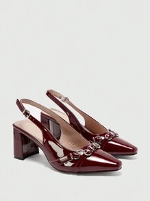 CUCCOO BIZCHIC Women's Square Toe Block Heels Pumps, Wine Red Leather Strap Buckle Office Lady Commuting Style High Heels - Burgundy - View 7
