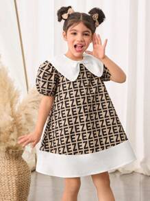 SHEIN Young Girl's Woven Plaid Patchwork Puff Sleeve Loose Casual Peter Pan Collar Dress