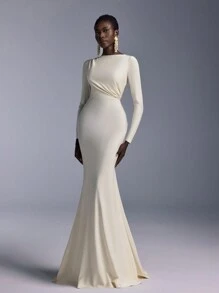 Elitara 优雅轻盈褶皱前露背长袖圆领鱼尾下摆伴娘礼服 - 香檳色 - 查看 4