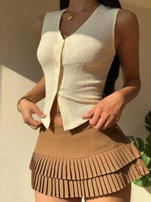 SHEIN EZwear 女式单排扣纹理杏色V领开衫背心 - 杏色 - 查看 5