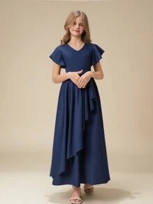 Tween Girl' V 领短款泡泡袖荷叶边腰连衣裙，优雅，适合婚礼、典礼、伴娘 - 藍色 - 查看 4