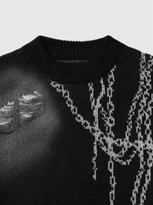 Street Life Men Distressed Jacquard Crew Neck Long Sleeve Pullover Sweater, Suitable For Spring - Black - View 4