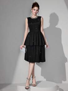 SHEIN Belle Vestido de fiesta elegante de mujer con dobladillo con volantes, sin mangas, de nueva llegada, para invitada de boda a cóctel o baile