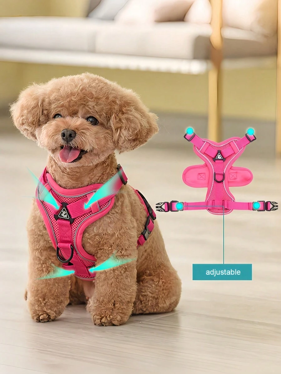 1 件套反光宠物背带牵引绳可调节防逃脱柔软网眼背心适用于狗猫小型犬四季散步装备 - 粉色 - 查看 1